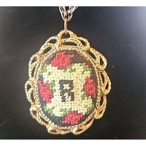 Letter R Needlepoint and Mirror Necklace on 24 Inch Chain Vintage 90s Initial R